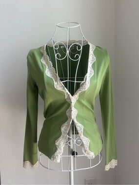 Jessica Vintage Green Lace Trim Cardigan Coquette Fairycore/ Size S